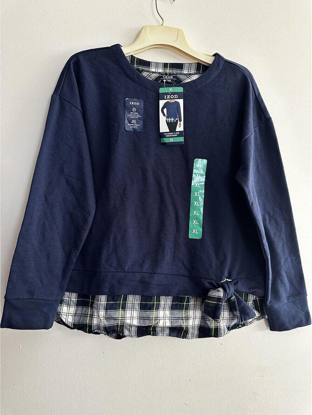 Womens Izod Sweatshirt Layered Plaid Peacoat Navy Blue XL